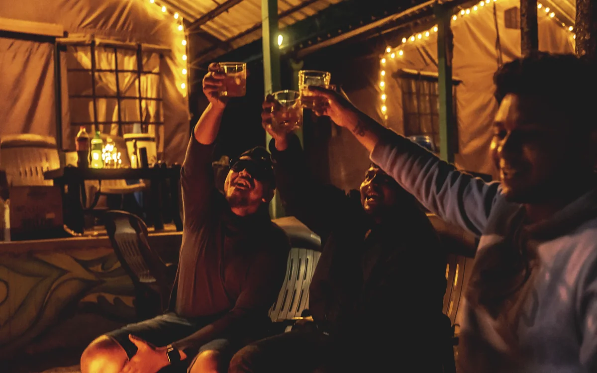 Friends raising their glasses under string lights