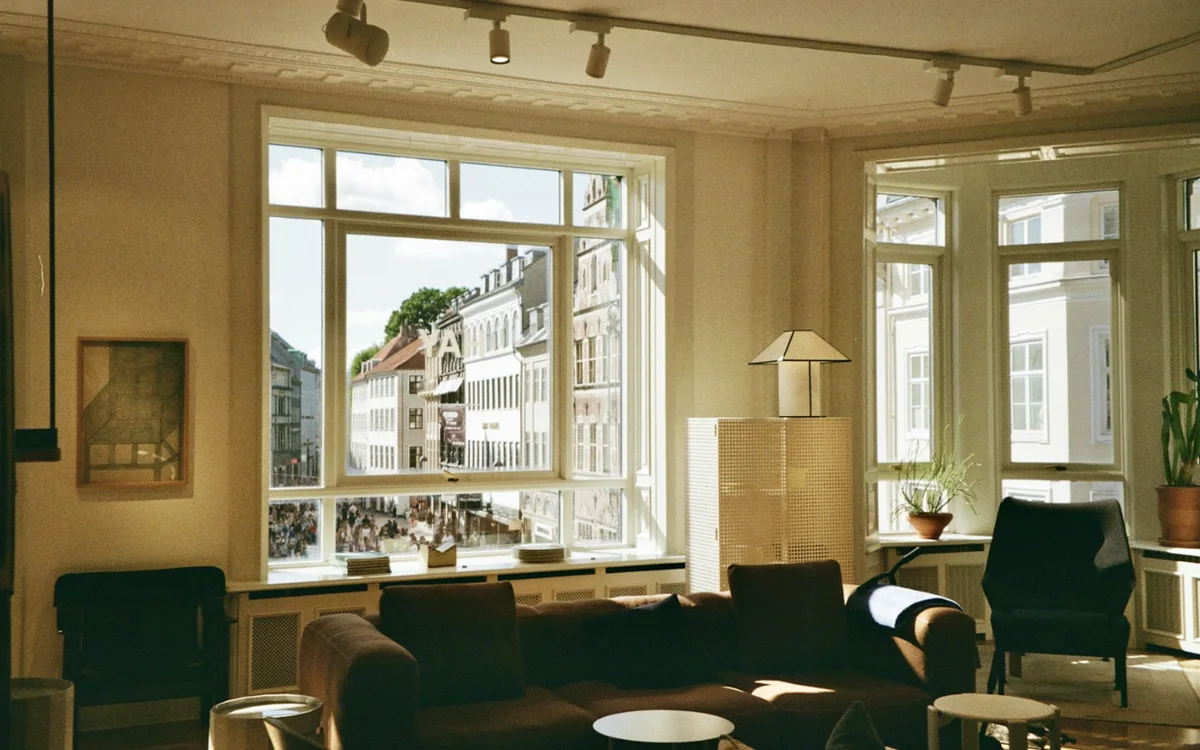 A design showroom above a Copenhagen square, shot on film